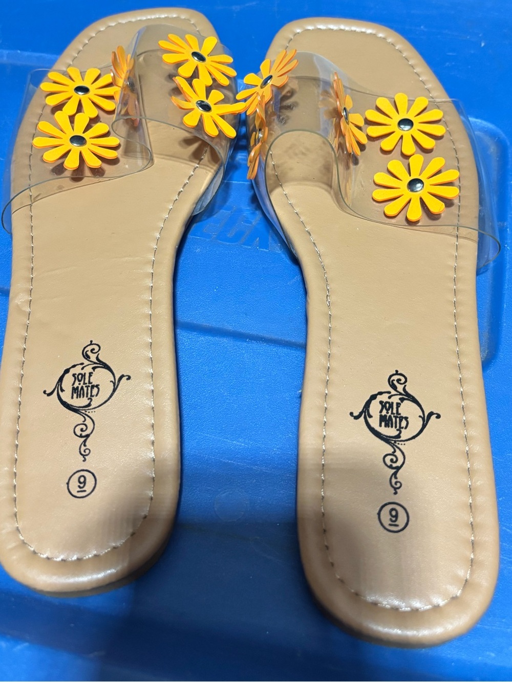 Sole Mates Women’s 9 Orange Daisy Clear Strap Slide Sandals